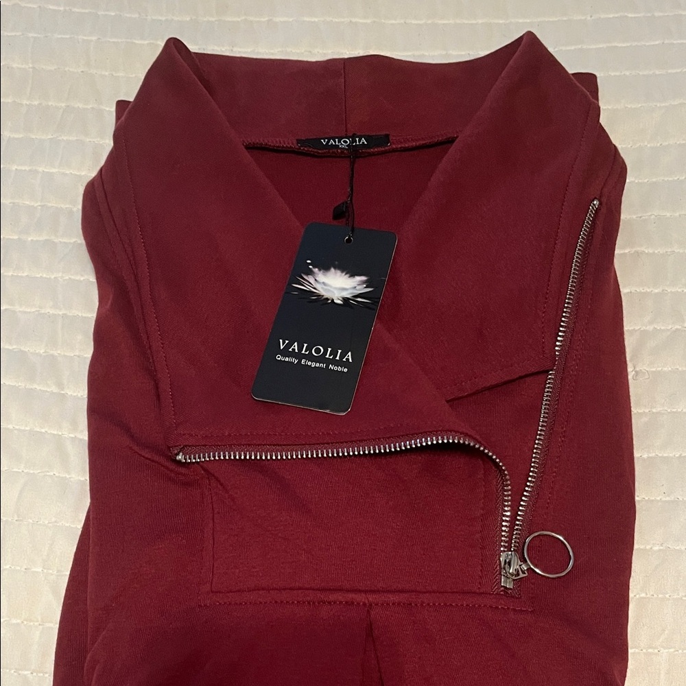 Valolia Maroon Burgundy Long Sleeve Top with Zipper Detail Off Centered - Picture 7 of 12